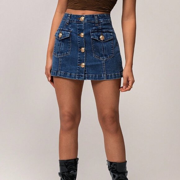 Blue Casual Women's Front & Middle Zipper Washed Denim Skirt - Picture 3 of 7